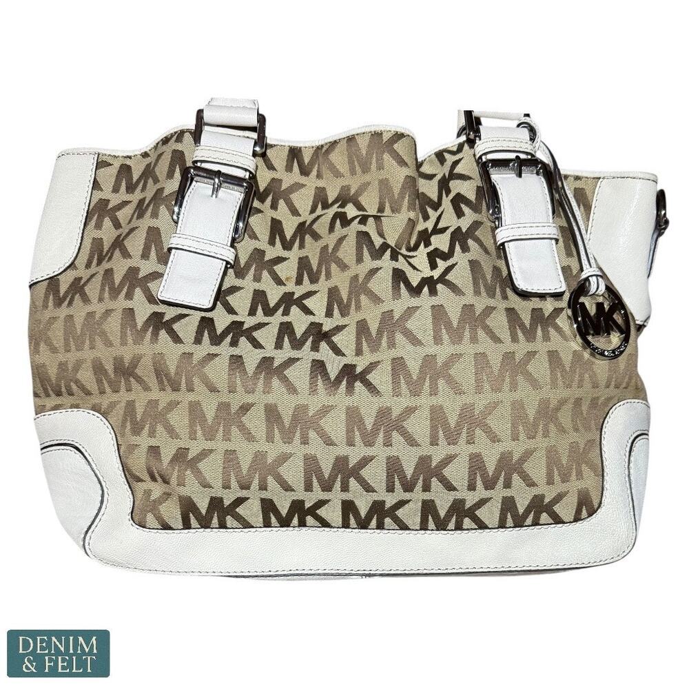 Michael Kors MK Logo Canvas Satchel with Cream Leather Trim & Charm Tote Bag - Picture 3 of 16